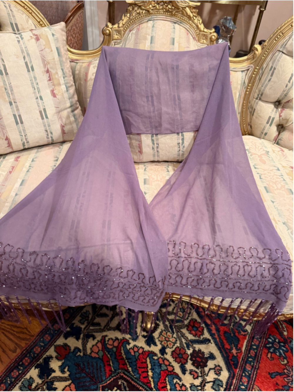 Purple sheer scarf with beaded trim and fringe